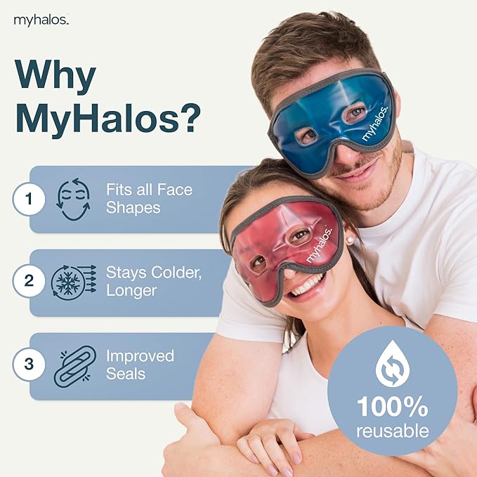 MyHalos Gel Mask - Reusable Cooling Eye Mask with Adjustable Straps - Cold Mask for Puffy Eyes, Dark Circles and Hangovers - Face Ice Pack Compress for Sinus, Headaches (Blue - No Eyeholes)