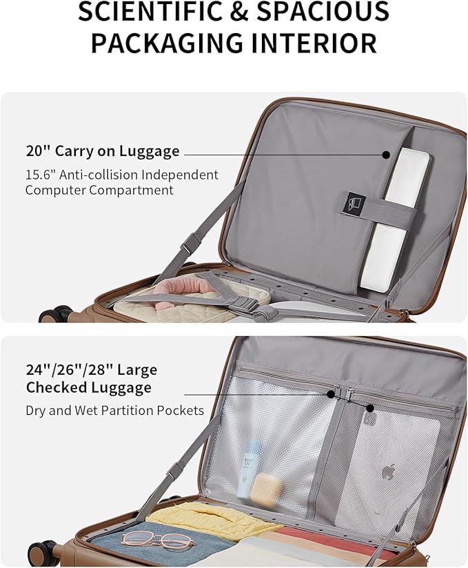 aji Expandable Top Opening 28 Inch Checked Luggage with Spinner Wheels, Large Suitcase with TSA Lock, Hard Shell Travel luggage Suitcases for Men Women, for 25+Days Travel, Chocolate Brown