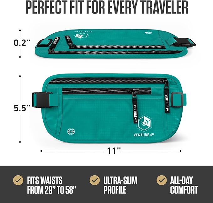 VENTURE 4TH Money Belt for Travel – Hidden Under-Clothes RFID Blocking Passport Holder & Slim Travel Wallet Pouch for Men & Women to Protect Cash, Cards & Documents (Turquoise)