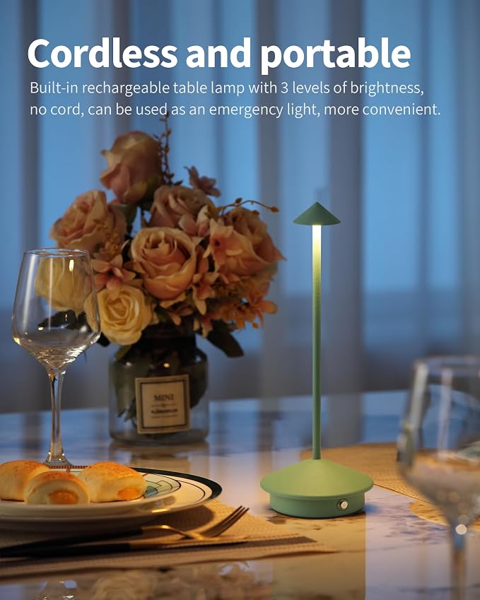 Modern Cordless Table Lamp Set of 2, Green Portable LED Desk Lamps | 4000mAh, Rechargeable, Battery Operated Lighting for Bedroom, Dining Room, Restaurant, Coffee Shop, Camping, Night Light