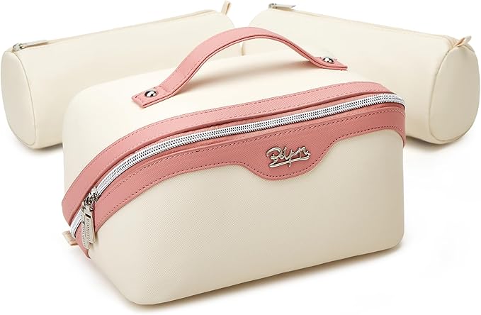BOYATU Travel Makeup Bag Organizer Cosmetic Bag: 3 Pcs Set Make up Bags for Women with Handle - Waterproof Vegan Leather Toiletry Bags Travel Essentials Pouch with Compartments (A-08-White)