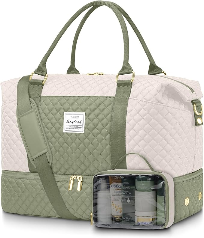 Weekender Bags for Women Duffle Bag - Travel Duffel Bag with Shoe Compartmen Carry on Overnight Bag with Toiletry Bag Gym Tote Bag with Wet Pocket Hospital Bags for Labor and Delivery Beige Green