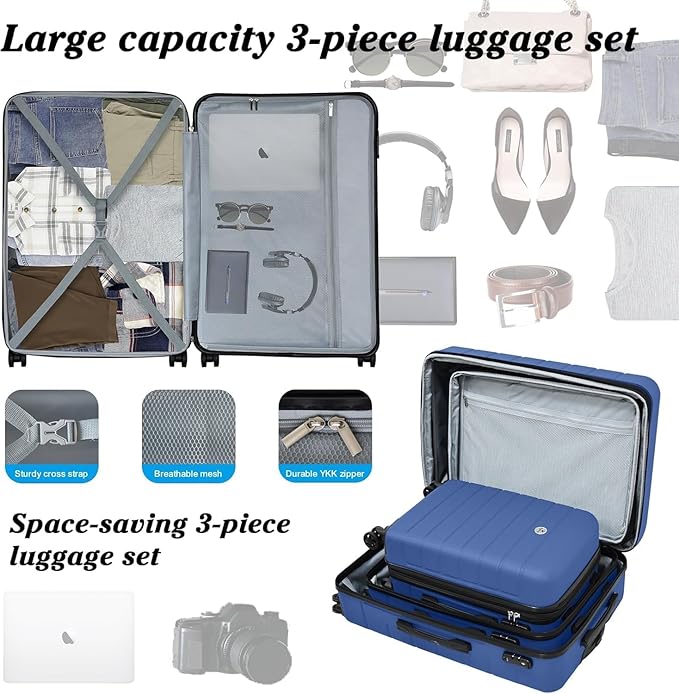Classic 3-Piece Luggage Set with TSA Lock, Lightweight Suitcase with Spinner Wheels, Hardshell Expandable Carry-On Luggage, 20/24/28 inch, Navy Blue