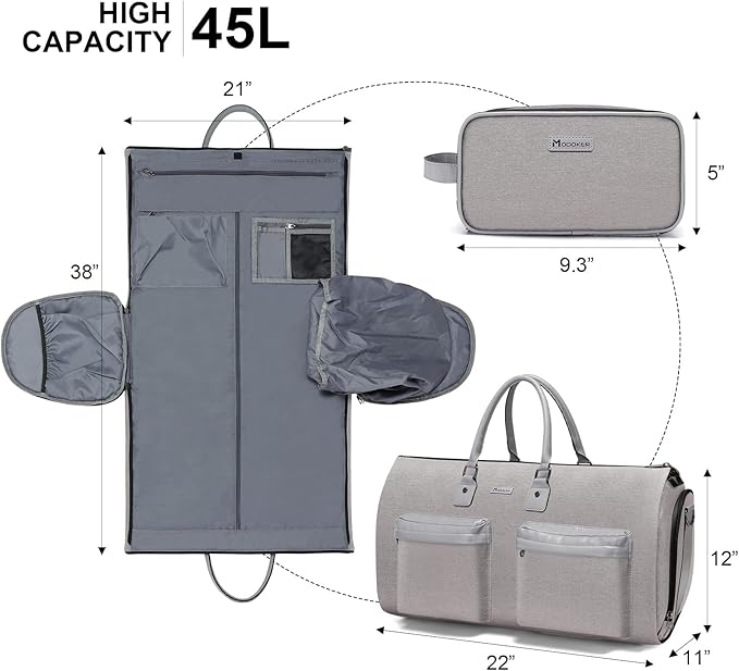 Modoker Convertible Garment Bag with Shoulder Strap, Carry on Garment Duffel Bag for Men Women - 2 in 1 Hanging Suitcase Suit Travel Bags, Light Grey