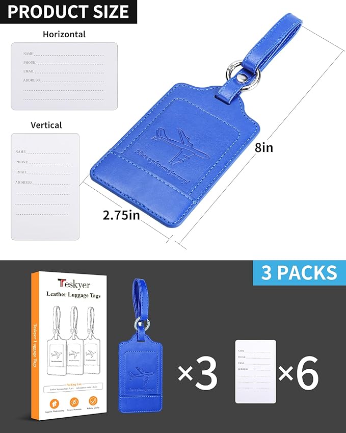 Teskyer Luggage Tags, 3 Pack Premium PU Leather Luggage Tags Privacy Protection Travel Bag Labels Suitcase Tags