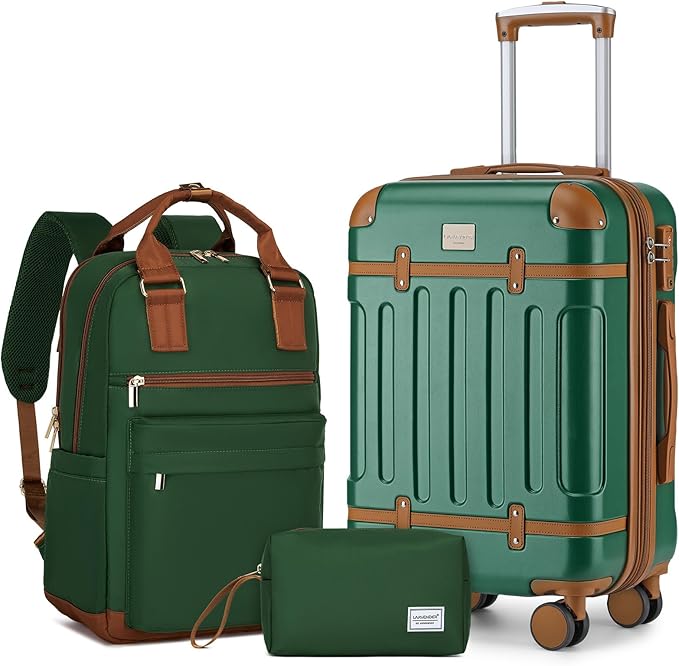 LARVENDER Luggage Sets 3 Piece Expandable Carry on Luggage 22x14x9 Airline Approved Hardshell Suitcase with Wheels TSA Lock, Lightweight Suitcase Set for Women with Travel Backpack, Green