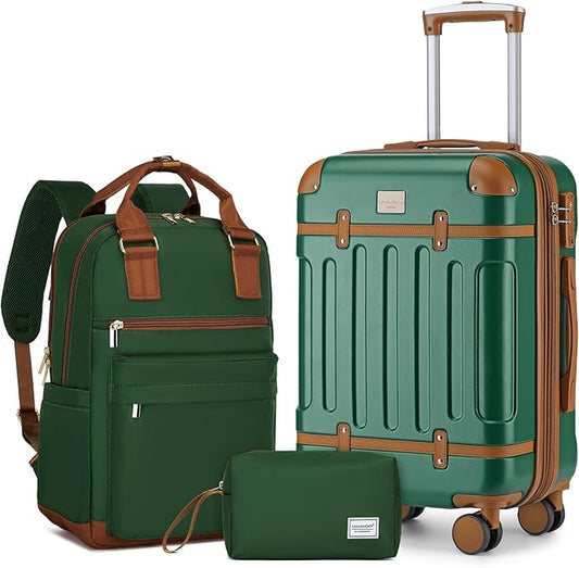 LARVENDER Luggage Sets 3 Piece Expandable Carry on Luggage 22x14x9 Airline Approved Hardshell Suitcase with Wheels TSA Lock, Lightweight Suitcase Set for Women with Travel Backpack, Green