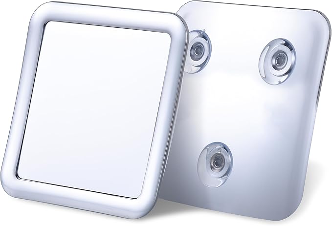 Travel Shower Mirror - Small Fogless Mirror with Triple Suction Cups - Antifog & Shatterproof Stick On Shaving Mirror for Bathroom and Travel - 5.3" x 5.3" (Chrome)