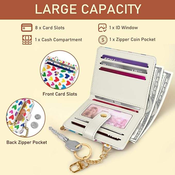 Jogjam Raining Hearts Rfid Ladies Wallet, Small Slim Thin Compact Credit Card Women Wallet, PU Leather Bifold Cash Zipper Coin Pocket ID Window for Female