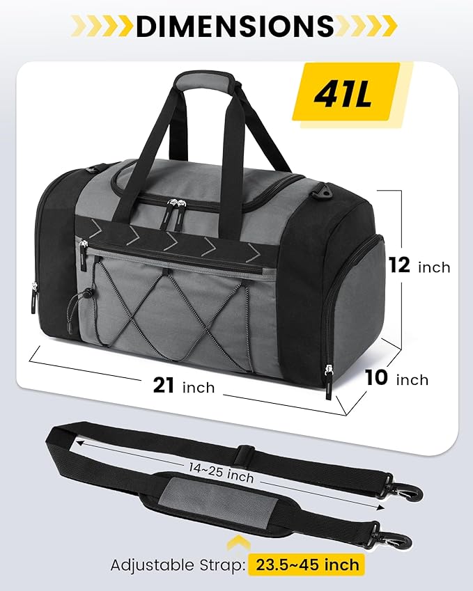 Vorspack Gym Bag for Men - 21 Inches Duffle Bag for Travel Water-resistant Travel Bag with Shoe Compartment Wet Pocket Duffel Bag for Gym Sports Travel Weekender Overnight - Grey