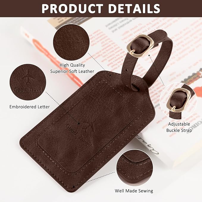 1 Pack Luggage Tag, PU Leather Suitcase Tags Identifiers Privacy Cover ID Label for Travel Bag Suitcase with 2 Pack Luggage Straps for Hats, Bags and Travel Accessories(L-Dark Brwon)