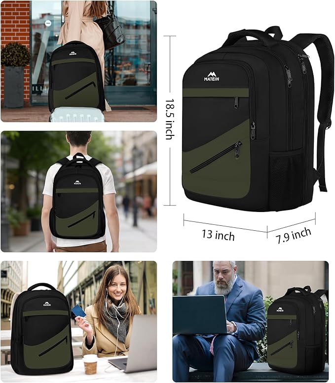 MATEIN 17 Inch Laptop Backpack for Work, Airline Approved Carry On Travel Backpack with Anti Theft Pocket and Luggage Strap, Water Resistant College Computer Daypack Gifts for Men Women, Black Green