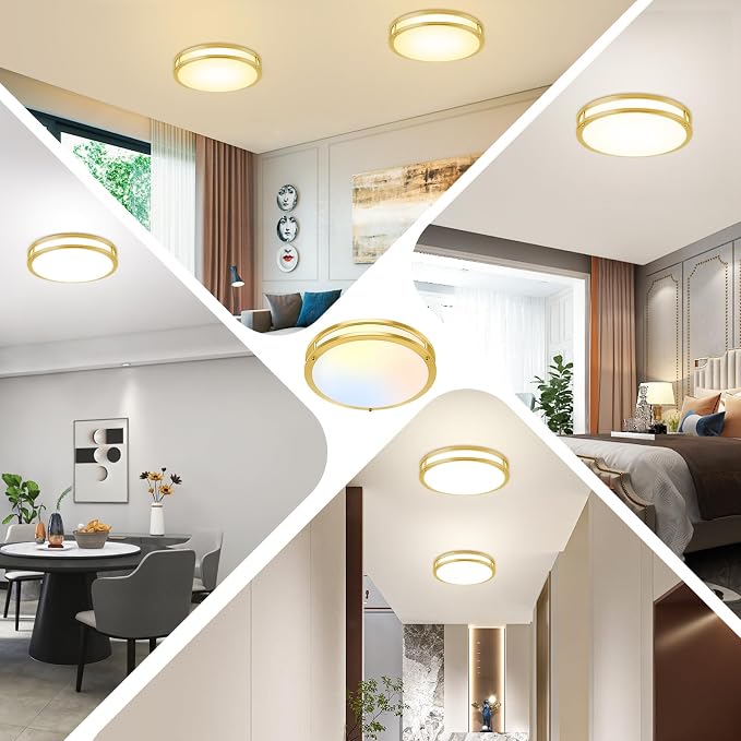 13 Inch LED Flush Mount Ceiling Light, Gold Kitchen Light Fixture with 2700K/3000K/4000K/5000K/6500K 5 Color Adjusted, Dimmable Modern Round LED Light for Bedroom Bathroom Living Room Laundry, 1-Pack