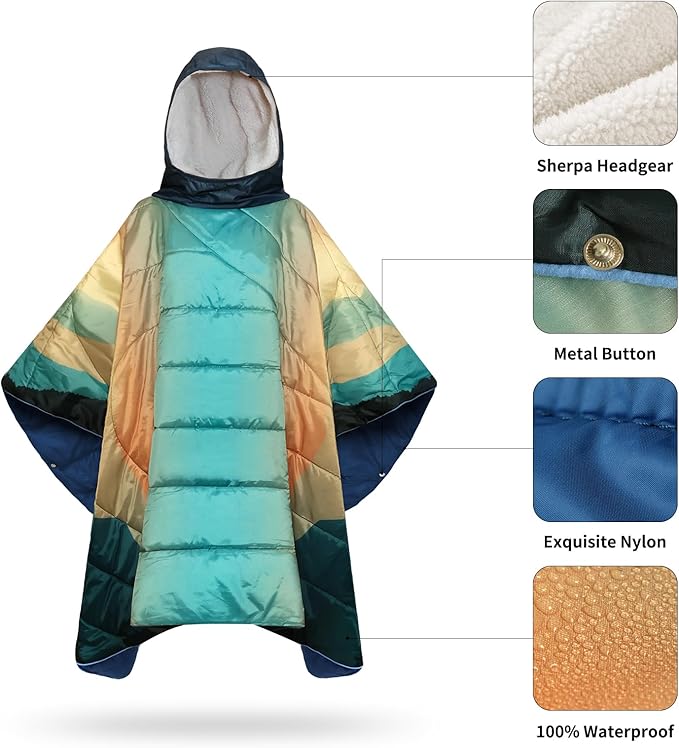 Camping Blanket, Poncho Wearable Hoodie Blankets Outdoor Waterproof Windproof Warm Durable & Portable for Stadium, Concerts, Car,Travel, Beach, Picnic, Grass,75 * 52 inch