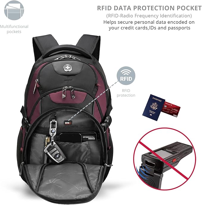 Swissdigital Design Laptop Backpack with USB Charging Port, Travel Backpack Fits 15.6 inches Computer, 31L College School Backpack for Women, Angola red/Black | SD803-44