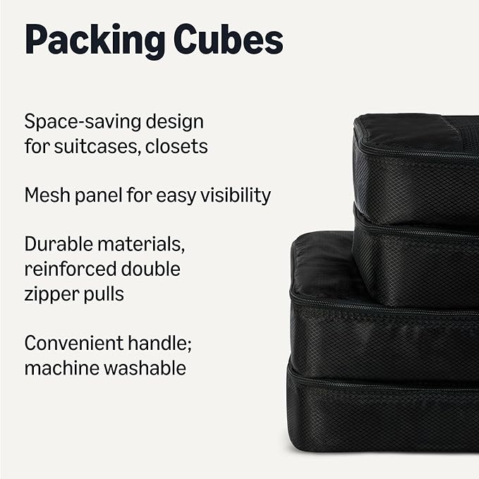 Amazon Essentials 4-Piece Packing Cubes Travel Accessories Set, Luggage Organizer with Double Zipper, Mesh Top, Space-Saving Design, Webbing Handle, 2 Medium/2 Large, Black (Previously Amazon Basics)