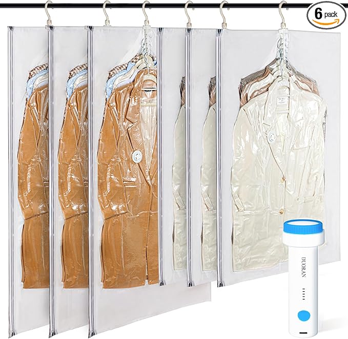 Hanging Vacuum Storage Bags with Electric Pump – 6 Pack (3 Long, 3 Short) Hanging Vacuum Seal Bags for Clothing, Closet Organizer Space Saver for Suits, Jackets & Coats