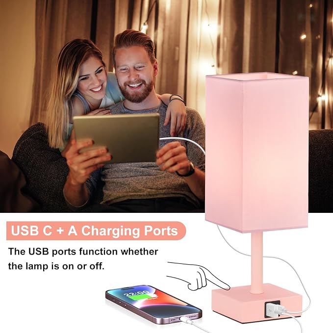 Touch Table Lamp for Bedroom - Dimmable, USB C+A, Pink Lamphade Pink Base | 3-Way Dimmable, 3000K LED Bulb Included, Square Lampshade, Cute Room Decor for Teen Girls, Kids, Small Lamp for Dorm, Nursery
