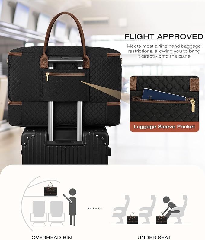 Travel Duffle Bag, Wide Open Large Weekender Bag for Women with Shoe Compartment, Carry on Overnight Bags with Toiletry Bag, Hospital Bag for Women Labor Delivery with Wet Pocket (Black Brown)