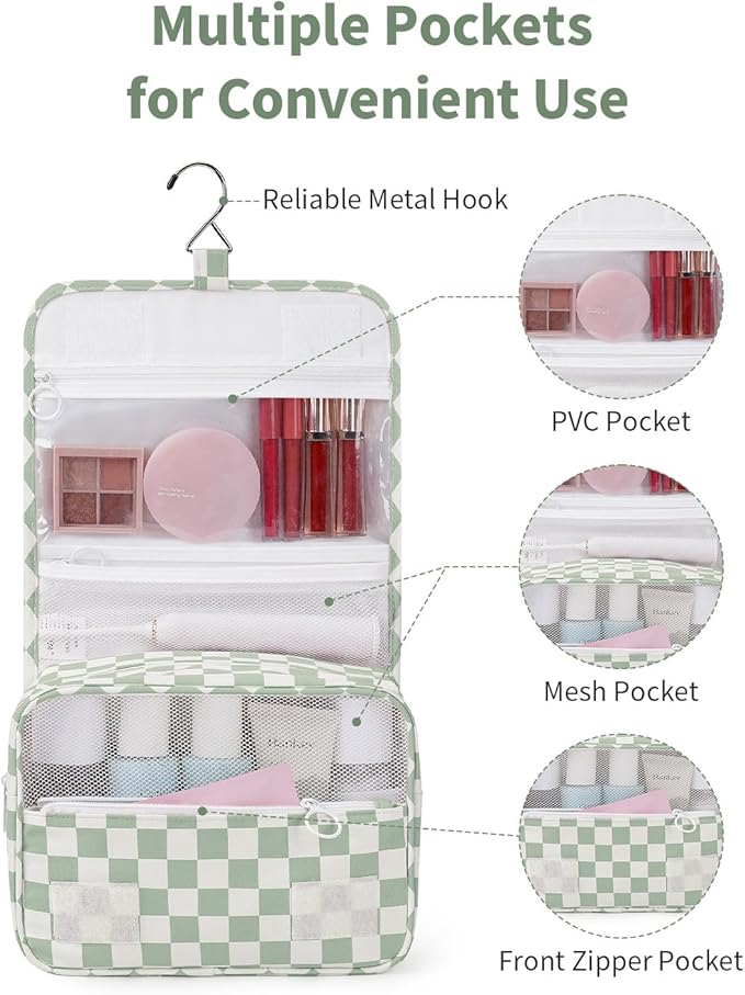 Narwey Small Hanging Travel Toiletry Bag for Traveling Women, Checkered Travel Bag for Toiletries, Makeup Bag Organizer Make Up Cosmetic Bags (Mint Green Checkerboard)