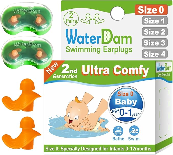 WaterDam Swimming Ear Plugs Great Waterproof Ultra Comfy Earplugs Prevent Swimmer's Ear (Size 0: Baby 0-1 Year (Orange))
