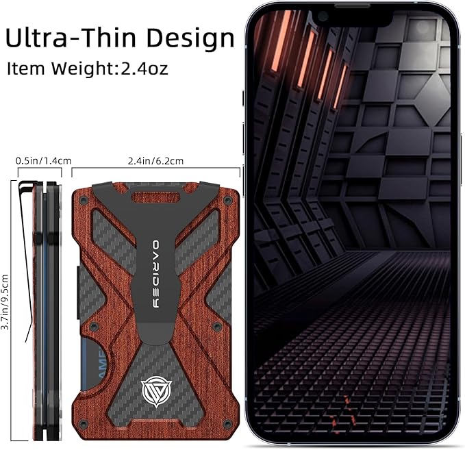 Minimalist Wallet for Men- Slim Aluminum Metal Money Clip Wallet with Clear ID Card Holder, Carbon Fiber Wallet, RFID Blocking,Holds up 15 Cards with Cash Clip,Ultra-Thin Tactical Wallet - Rosewood