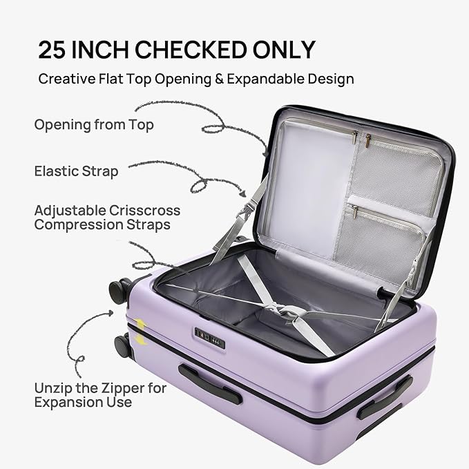 NINETYGO Medium Checked Luggage 25 Inch, Flat Top Opening Check In Luggage with Cup Holder, Expandable, Lightweight PC Hard Shell, TSA Lock, 360° Spinner Wheels (Lavender Taro Milk)