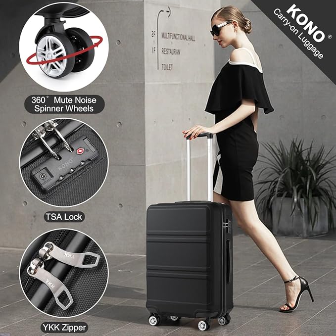 Kono 24 Inch Luggage Suitcase with Spinner Wheels TSA Lock Lightweight PC+ABS Hardside Medium Checked Luggage Durable Rolling Suitcase Black