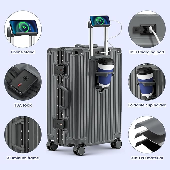 Zipperless Suitcase, 28 Inch Checked Luggage, Hardshell Aluminum Frame Polycarbonate Luggage with Phone Holder, Cup Holder, Charging Port, TSA Lock, Spinner Wheels for Vacations, Grey