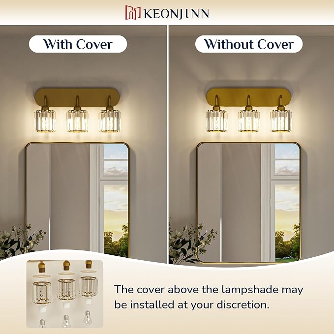 Keonjinn 4-Light Gold Bathroom Light Fixtures Over Mirror, Crystal | Vanity Lighting Fixture with Crystal Square Shades, Dimmable, Modern Style, Compatible with E26 Base LED Bulbs (Exclude Bulb)