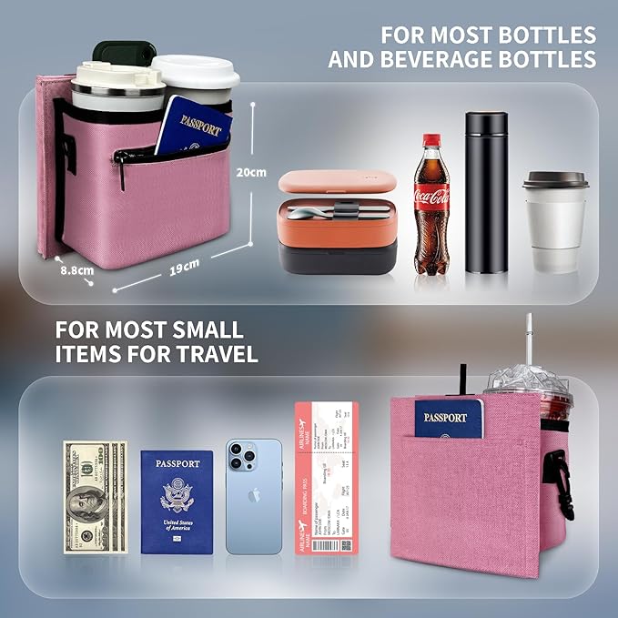 Travel Luggage Cup Holder, Liveagain Drink Caddy, Luggage Cup Holder Attachment, Free Hand Suitcase Drink Carrier for Drinks Beverages, Coffee, Bottles, Snack (Pink)