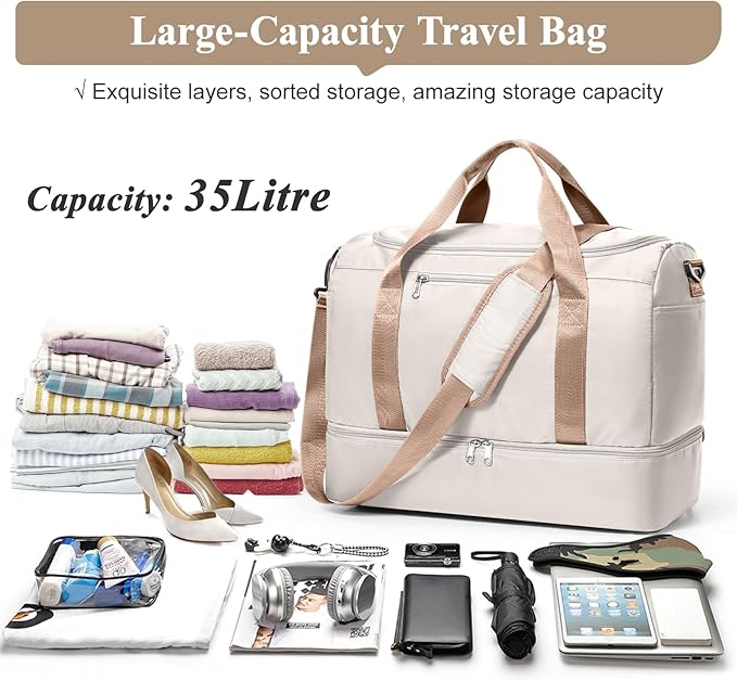 Travel Duffel Bag for Women, Carry-on Overnight Weekender Bags with Wet Pocket, For Spirit Airlines 18x14x8 Personal Item Bag,Small,Beige & Brown