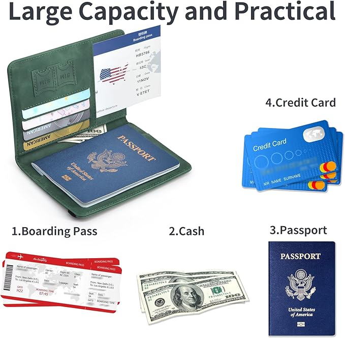 Passport Holder, Passport Cover with Credit Card Slot and Boarding Pass Slot Combo, Passport Wallet Case Book Travel Must Have, RFID Blocking Leather Travel Accessories, Atrovirens