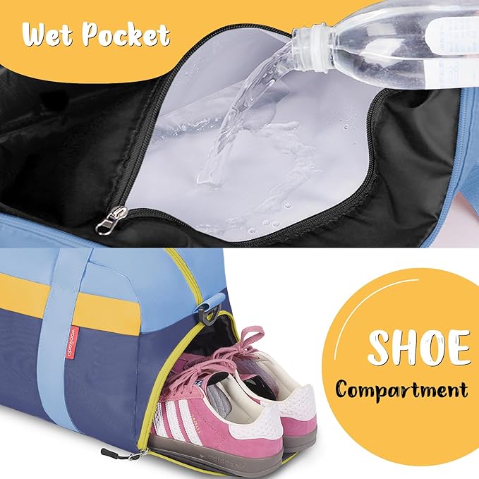 WOOMADA Kids Duffle Bag for Boys or Girls, Kids Overnight Bag with Shoe Compartment＆Wet Pocket, Ideal for School Practice, Sports, Travel(sky blue)