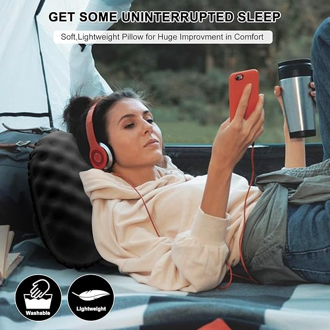 Camping Pillow with Soft Cover, Lightweight Inflatable Pillow for Neck Lumbar Support,Upgrade Backpacking Pillow,Washable Travel Air Pillows for Hiking, Backpacking, Airplane, Beach, Black