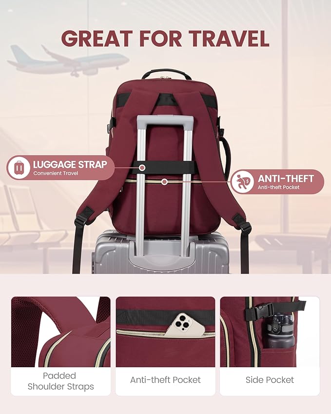 LOVEVOOK Travel Backpack for Women & Men 40L,Airline Approved Carry On Backpack Travel Essentials,TSA Carry on Luggage,Waterproof Personal Item Travel Bag,Suitcase with 3 Packing Cubes,Wine red-Black
