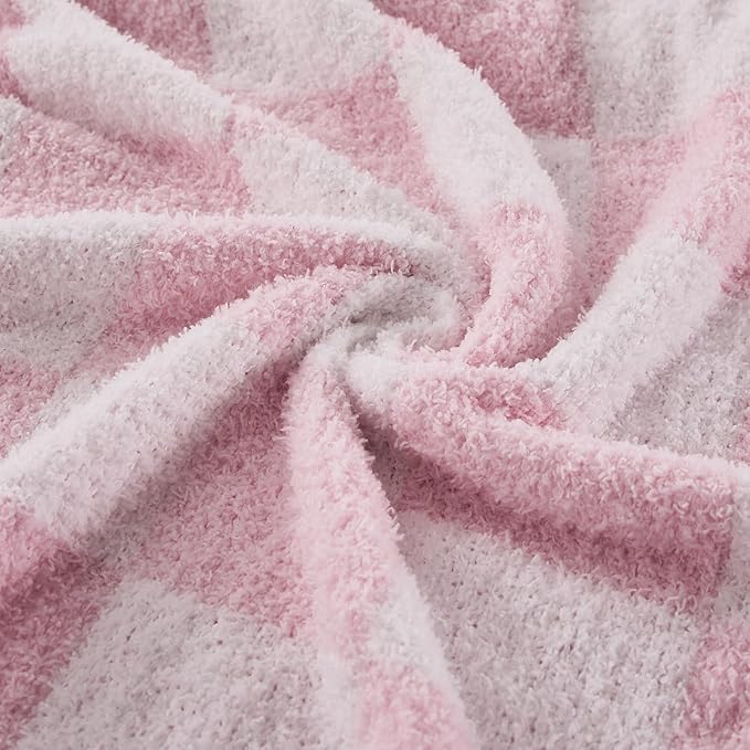 Checkered Throw Blanket, Pink Soft Cozy Fluffy Knitted Throw Blankets for Couch, Sofa, Bed, Chair, Warm Fuzzy Travel Picnic Lightweight Plaid Blanket, 60x80 inches