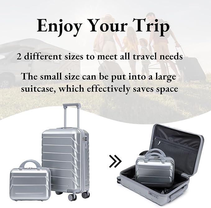 2-Piece ABS Hard Shell Lightweight Carry-On Luggage Set (14" & 20"), 360-Degree Spinner Wheels, Adjustable Telescopic Handle and Combination Lock for Travel, Silver