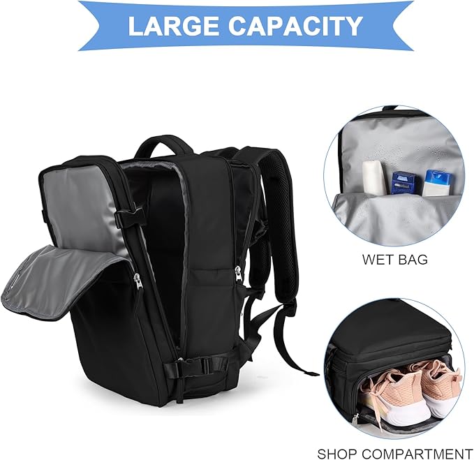 coowoz Black Travel Backpack For Women Men Airline Approved,Carry On Backpack,Large Hiking Backpack Waterproof Outdoor Sports Rucksack Casual Daypack Fit 15.6 Inch Laptop Backpack College Backpack