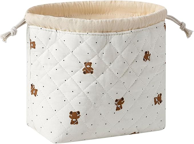 Cotton Quilted Drawstring Makeup Bag with Canvas Lining,Coquette Aesthetic Cute Travel Toiletry Bag,Drawstring Gift Bag for Women and Girls（15Dot Bear）