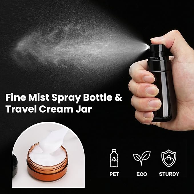 Travel Bottles for Toiletries 14PCS 3.4oz Pre-Printed Shampoo, Conditioner, Body Wash TSA Approved 2oz Travel Spray Bottle Leak Proof Plastic Cream Jars Refillable Lotion Containers(Black)