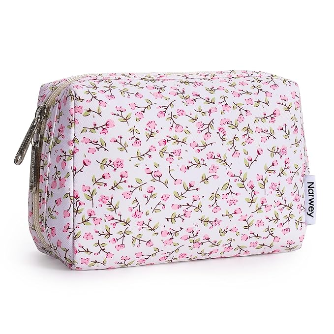 Narwey Small Cute Floral Makeup Bag for Purse Mini Cosmetic Bag Travel Makeup Pouch Zipper Pouch Cute Make up Bags with Compartments for Women Girls (Pink Flower, Small)