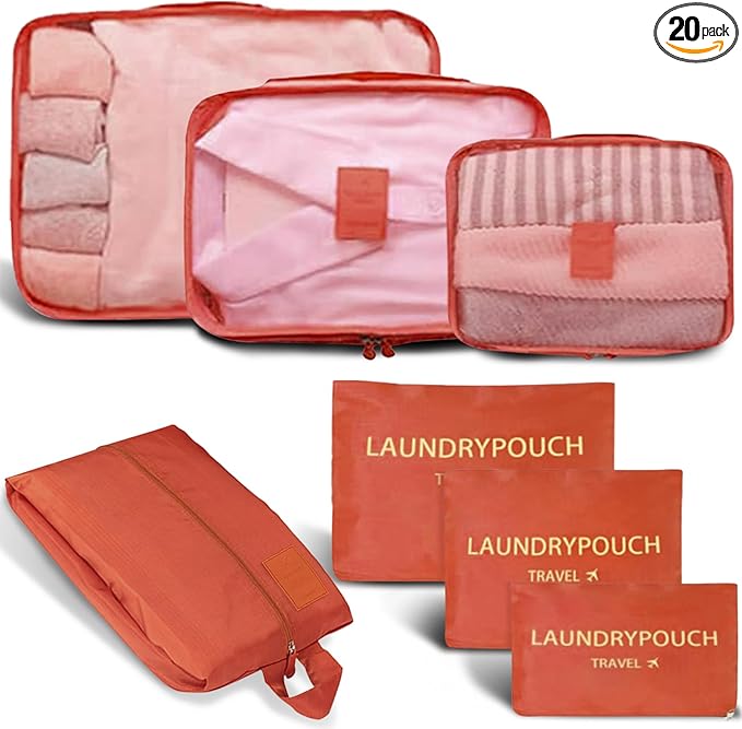 7 Set Packing Cubes for Travel Luggage Packing Bags Reusable Waterproof Suitcase Organizer Bags Set with Shoe Bag and Toiletry Bag (Orange)