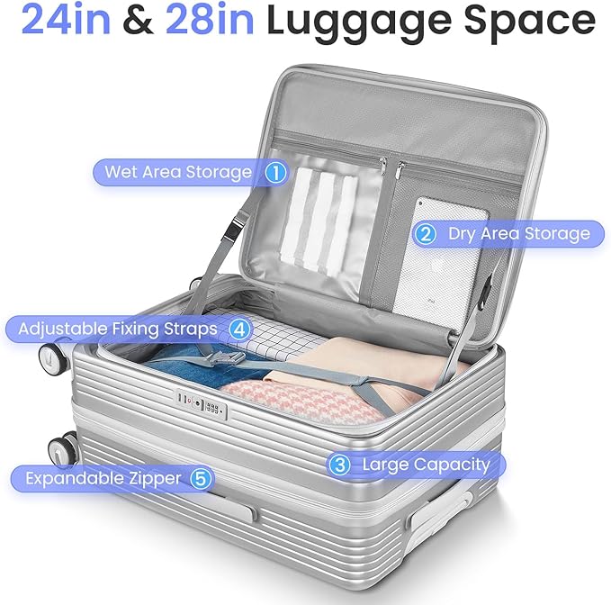 3 Piece Luggage Set 100% PC Hardshell, Front Opening Expandable Suitcase (20/24/28) with Laptop Compartment & Free Custom PVC Covers, Trunk Style Lightweight Spinner Wheels TSA Lock (Silver)