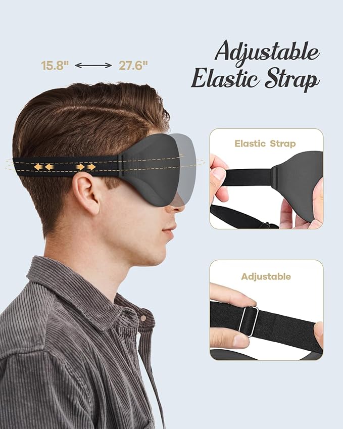 Sleep Eye Mask for Men & Women, 3D Contoured Full Blackout Eye Mask for Sleeping, Pressure-Free Soft with Adjustable Strap, Night Blindfold for Travel, Shift Work & Nap, Midnight Black