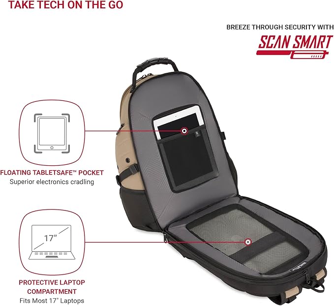 SWISSGEAR 1900 ScanSmart TSA Laptop Backpack Fits 17 Inch Laptop with RFID Protection and Tablet Pocket, Pastel Brown, 19-Inch