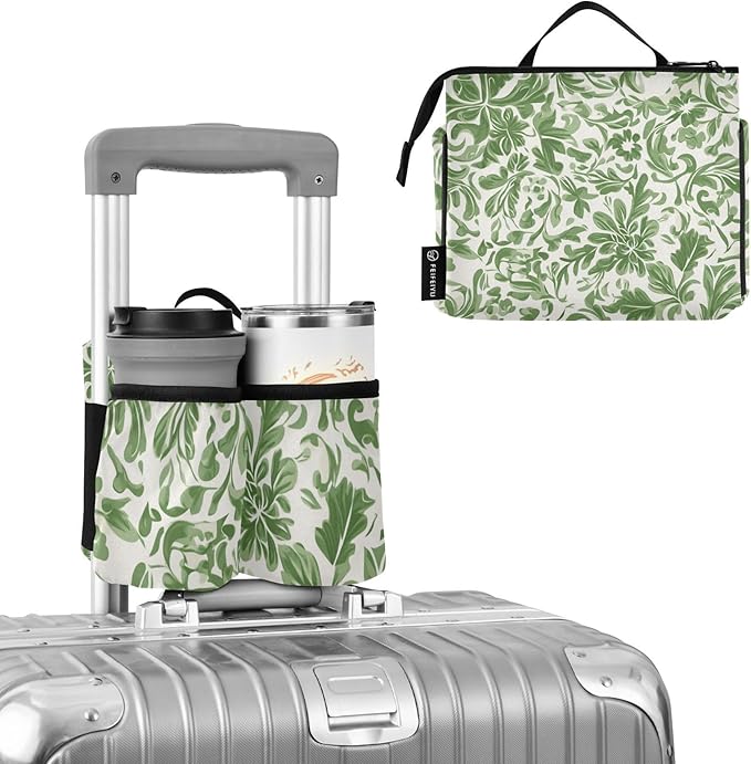 Green Vintage Flower Bohemian Luggage Cup Holder Travel Portable Free Hand Drink Carrier Suitcase Drinks Beverage Holder Carry-On Bottle Mug Holder Organizer Bag Travelers Accessories