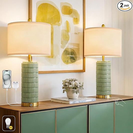 PoKat 25'' Bedside Table Lamps Set of 2 for Living Room with USB A&C Ports, Touch Lamps with 3-Way Dimmable Control for Bedroom, Farmhouse Green Lamps for Nightstand Office Hallway (Bulbs Included)