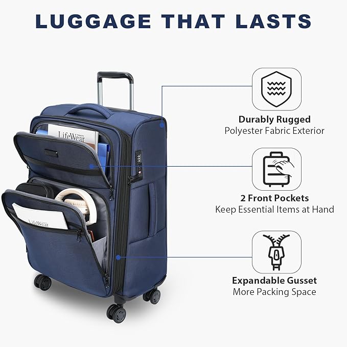 KROSER Softside Expandable checked Luggage with Front Business Pockets，24 Inch Suitcases with Spinner Wheels & Built-in TSA Lock, Durable Suitcase Rolling Luggage, Navy