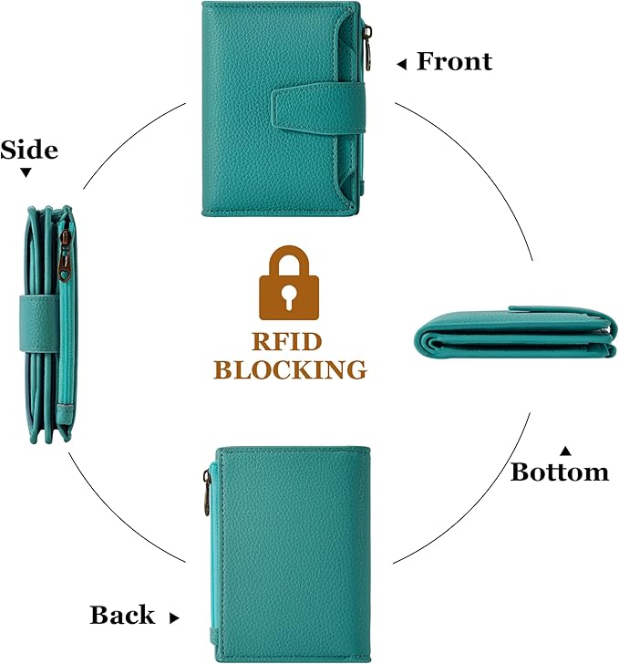 Airkit Small Wallet Women RFID Blocking Leather Bifold Compact Card Holder Wallet for Women with Zipper Coin Pocket 4 ID Window